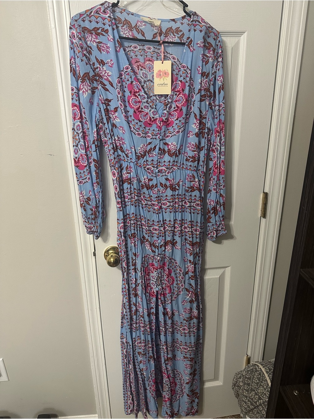 entro Sky-Blue Maxi Dress with Pink & Brown Floral Print